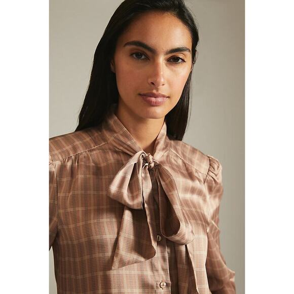Anthropologie X Mare Mare Tie Neck Long Sleeve Blouse Neutral Size S. NEW - Picture 1 of 10